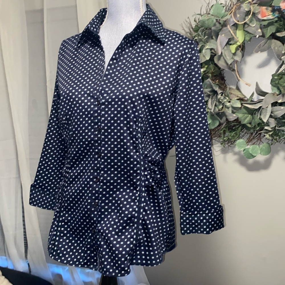 Navy blue white  button up button down ruched side fitted women’s blouse top med - Picture 2 of 11